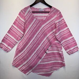 Habitat 100% linen tunic top size Medium asymmetric hem pink white striped Beach